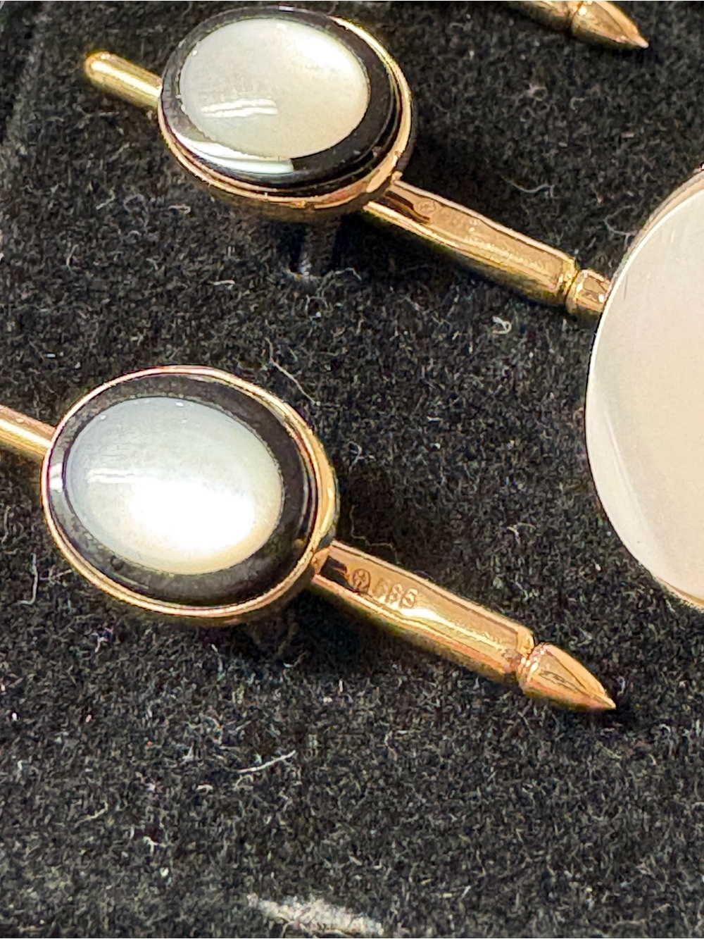 VTG Solid 14K Gold 585 Mother of Pearl 6PC Tuxedo Cufflinks & Stud Set